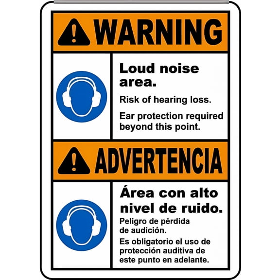 Bilingual Warning Loud Noise Area Hearing Loss Risk 8"x12" Tin Warning Metal Sign, Vintage Wall Decor, Home Farm Bar Coffee Shop Club Decoration