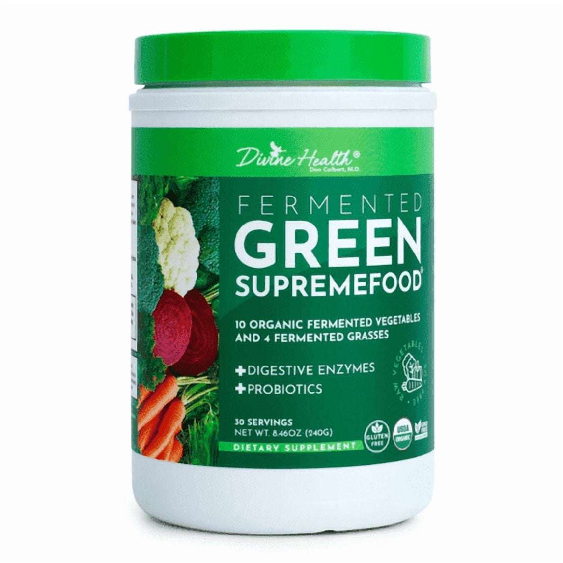 Dr. Colbert, MD Fermented Green Supremefood | by Divine Health | 14 USDA Organic & Fermented Vegetables and Grasses | Probiotics | Enzymes | Apple Cinnamon Flavor | 30 Servings | 240g
