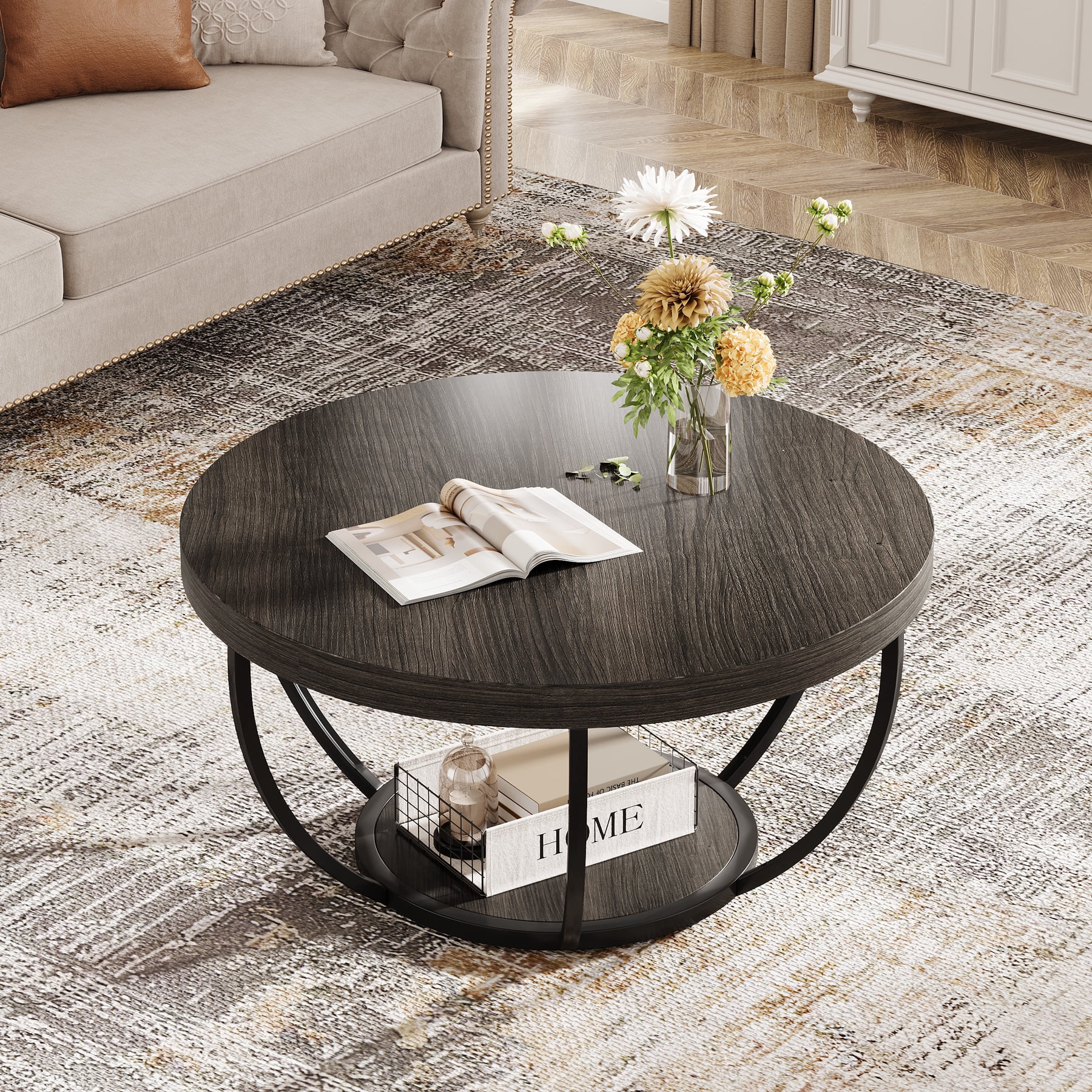 Fnova Coffee Table with 2 - Tier Storage, 32" Round Wood Coffee Table with Metal Legs, Modern Rustic Style Center Table for Living Room, Dark Gray and Black
