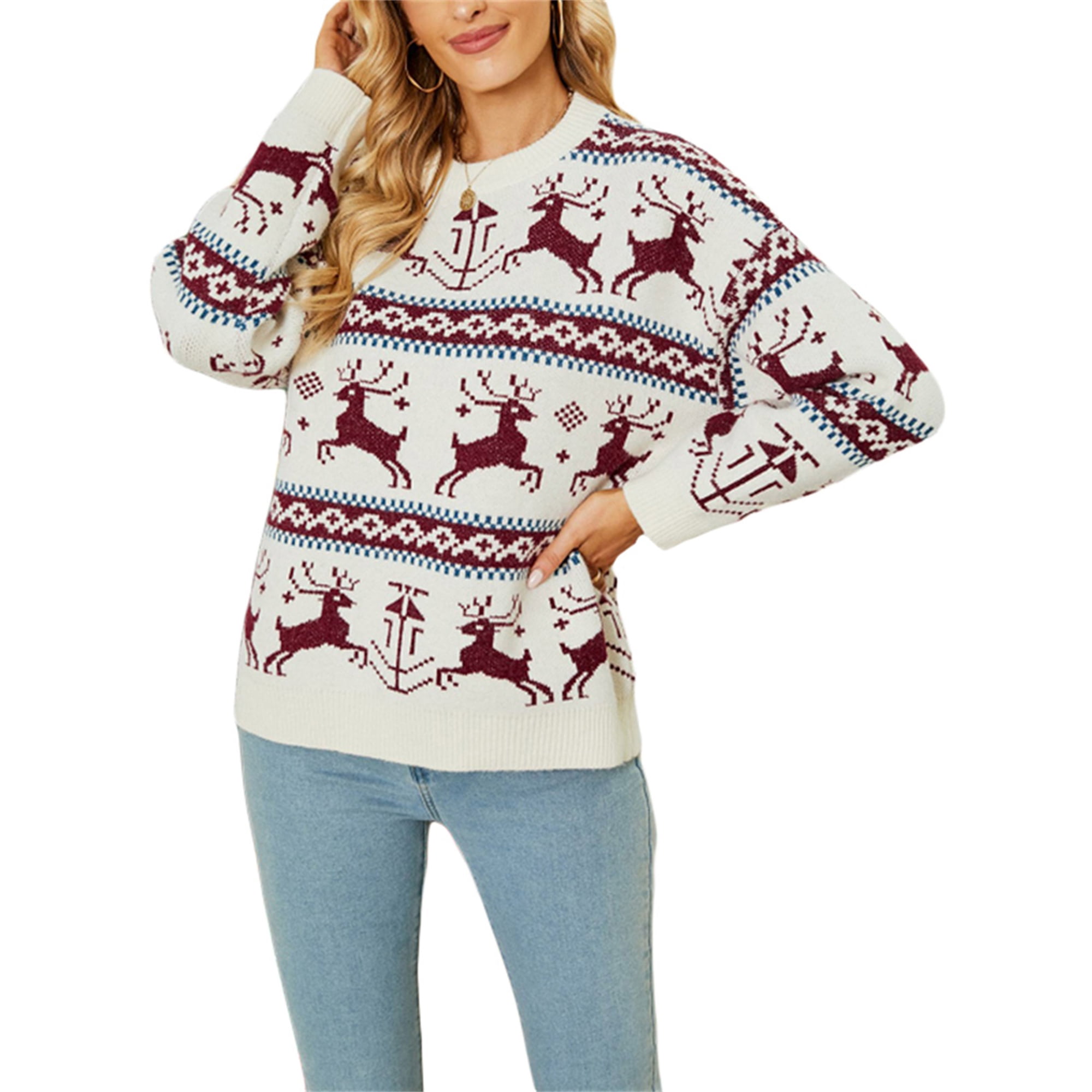 Women Christmas Knitted Sweater Long Sleeve Elk Print Pullover Retro Jumpers  Tops Fall Loose Knitwear - Walmart.com