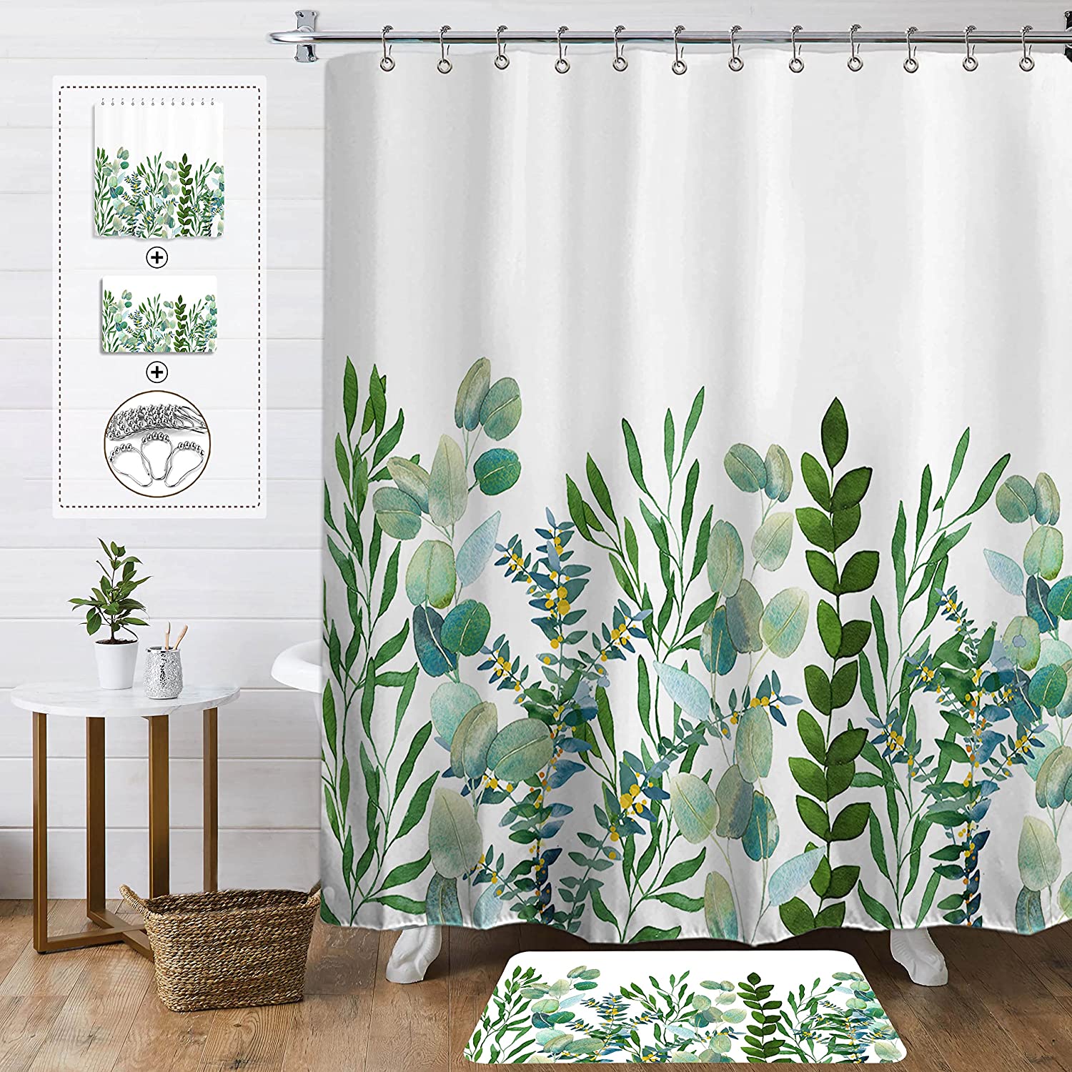 Shower Curtain Set with Rugs Metal Hooks Green Leaf Shower Curtain