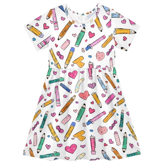 Pencils and Hearts Short Sleeve Dress A-Line Cute Midi Casual Sundress 2-8 Years