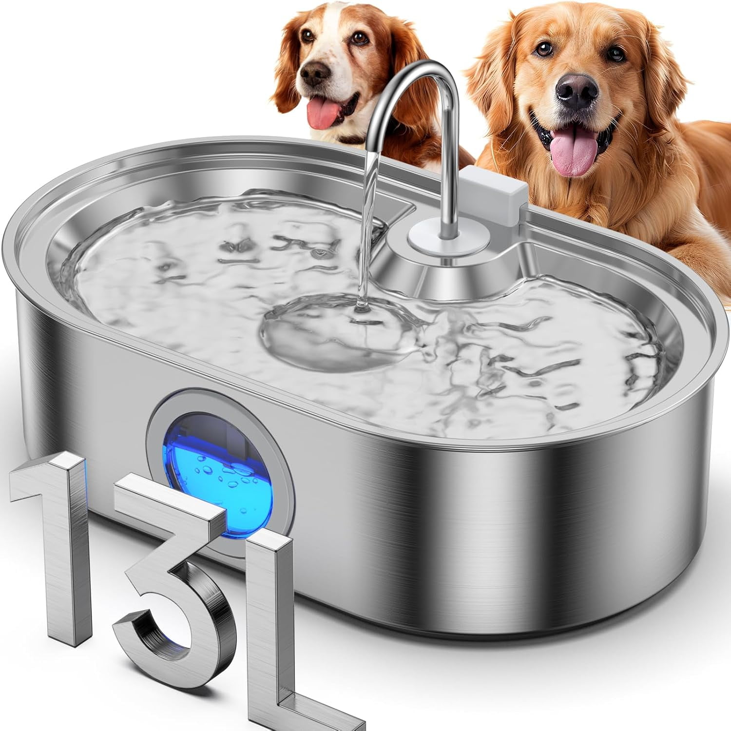 Large Dog Water Fountain, 13L Stainless Steel Automatic Pet Water Dispenser with Deeper Drinking Area and Water Window
