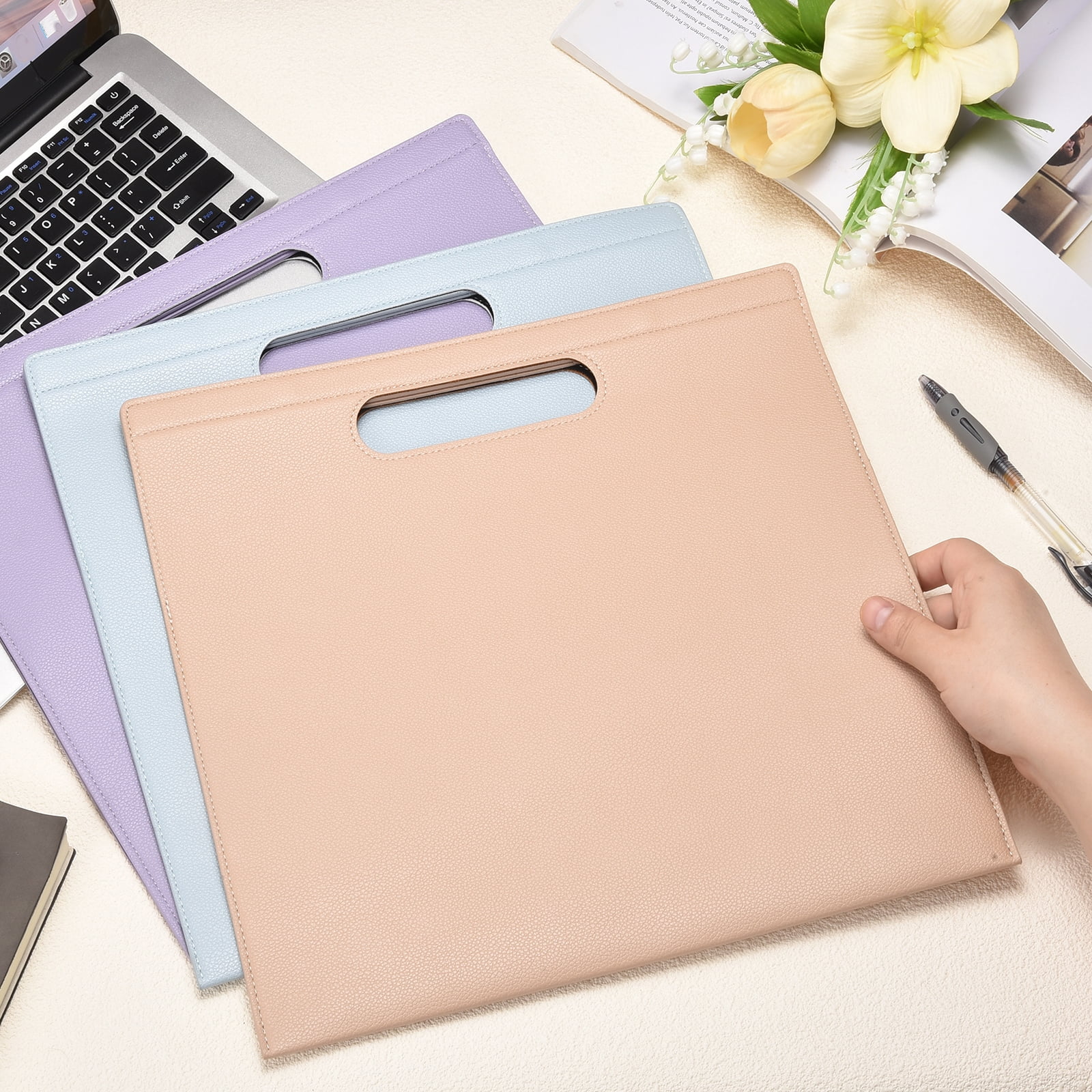 Uxcell 2Pcs PU Leather A4 File Folder, 13.3x12.6" Waterproof Document Organizer Textured Portfolio Folder Case Portable Briefcase Carrier with Magnetic Closure for Office, Purple, Blue