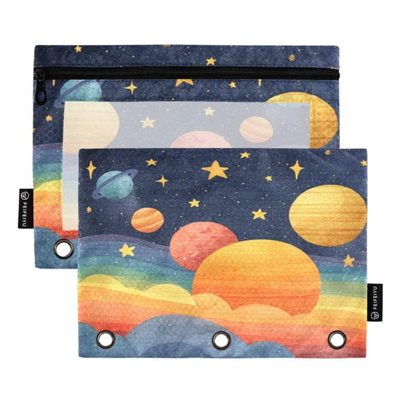 2 Pack 3 Ring Binder Pouch with Clear PVC Window Water Resistant Zipper Pencil Pouch Whimsical Space Cute Art Binder Pocket for Classroom Office Home Stationery Organization
