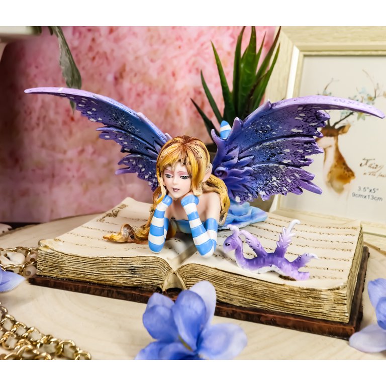 Ebros Amy Brown Purple Lavender Book Worm Fairy With Pet Dragon Statue  7.25