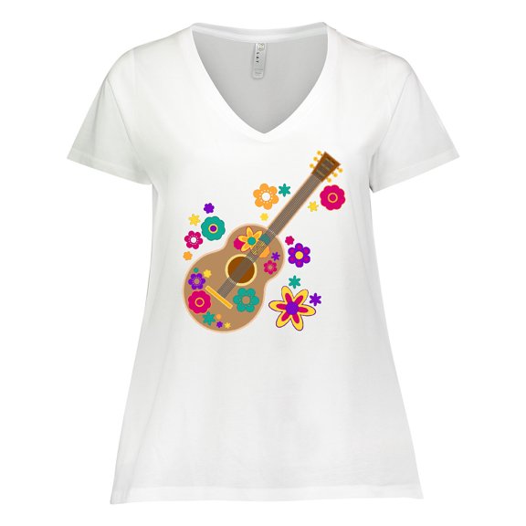 Inktastic Acoustic Guitar with Colorful Flowers Women's Plus Size V-Neck T-Shirt