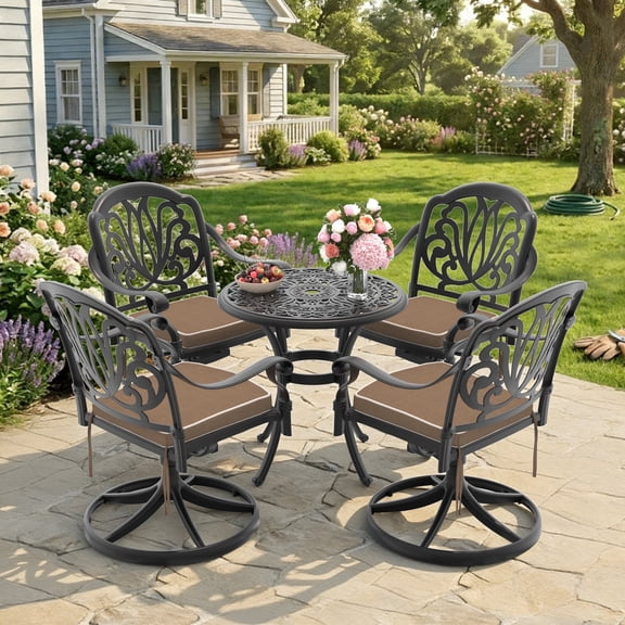 FFZ 5-Piece All-Weather Cast Aluminum Dining Set with Swivel Chairs, Black