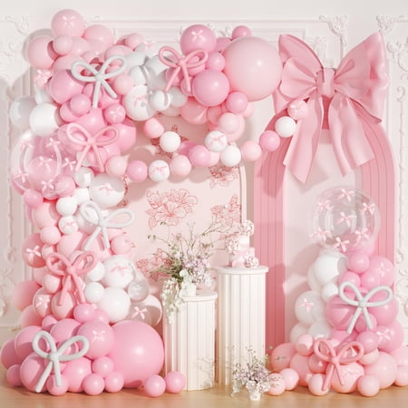 199Pcs Pink Bow Balloon Arch Kit Coquette Balloon Garland with Clear Balloons and Ribbon Bows for Birthday Party Bachelorette Shower Wedding Decor Pink