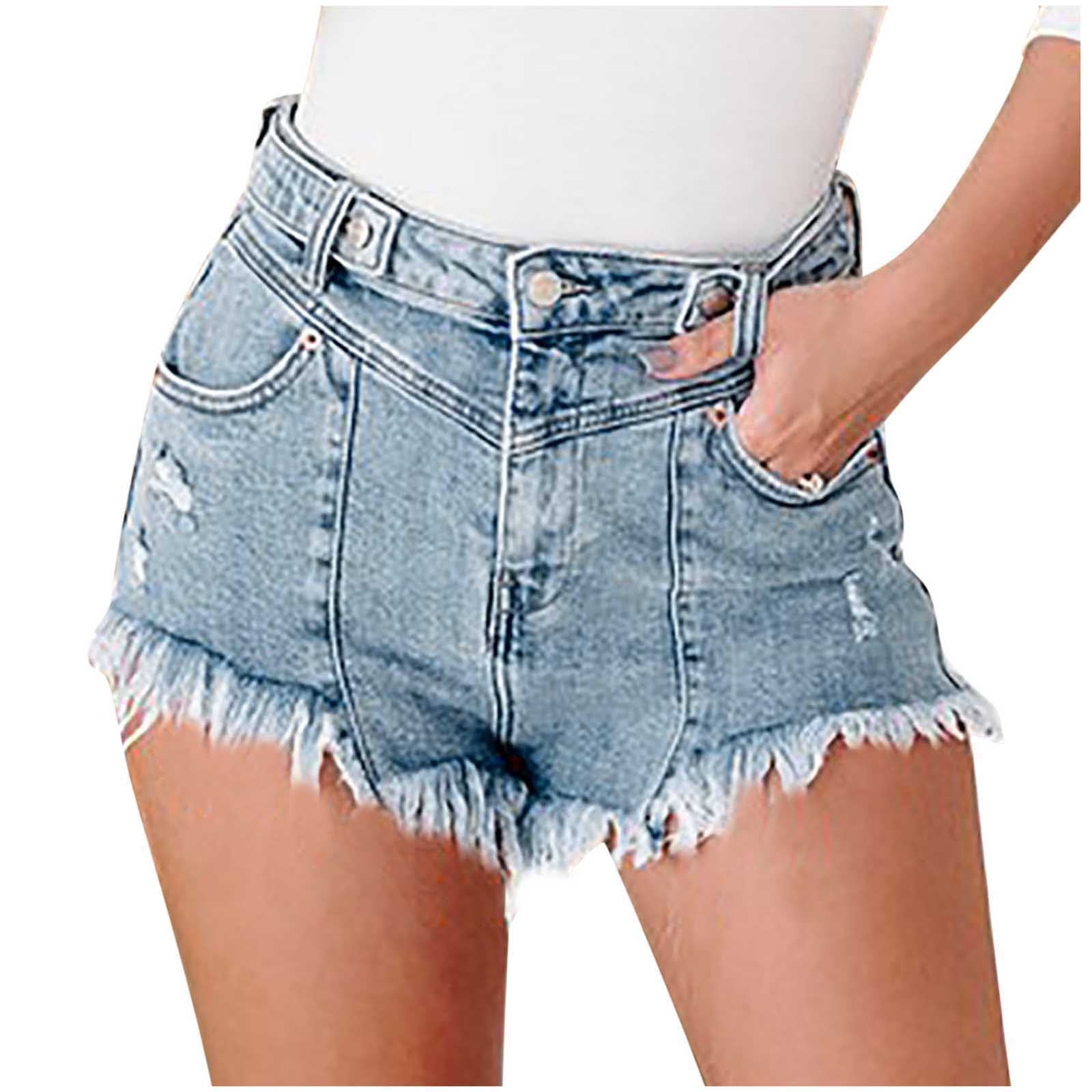 Blvb Women s Mid High Waisted Denim Shorts Frayed Raw Hem Jeans Shorts Casual Classic Trendy Jean Pants With Pockets Blue