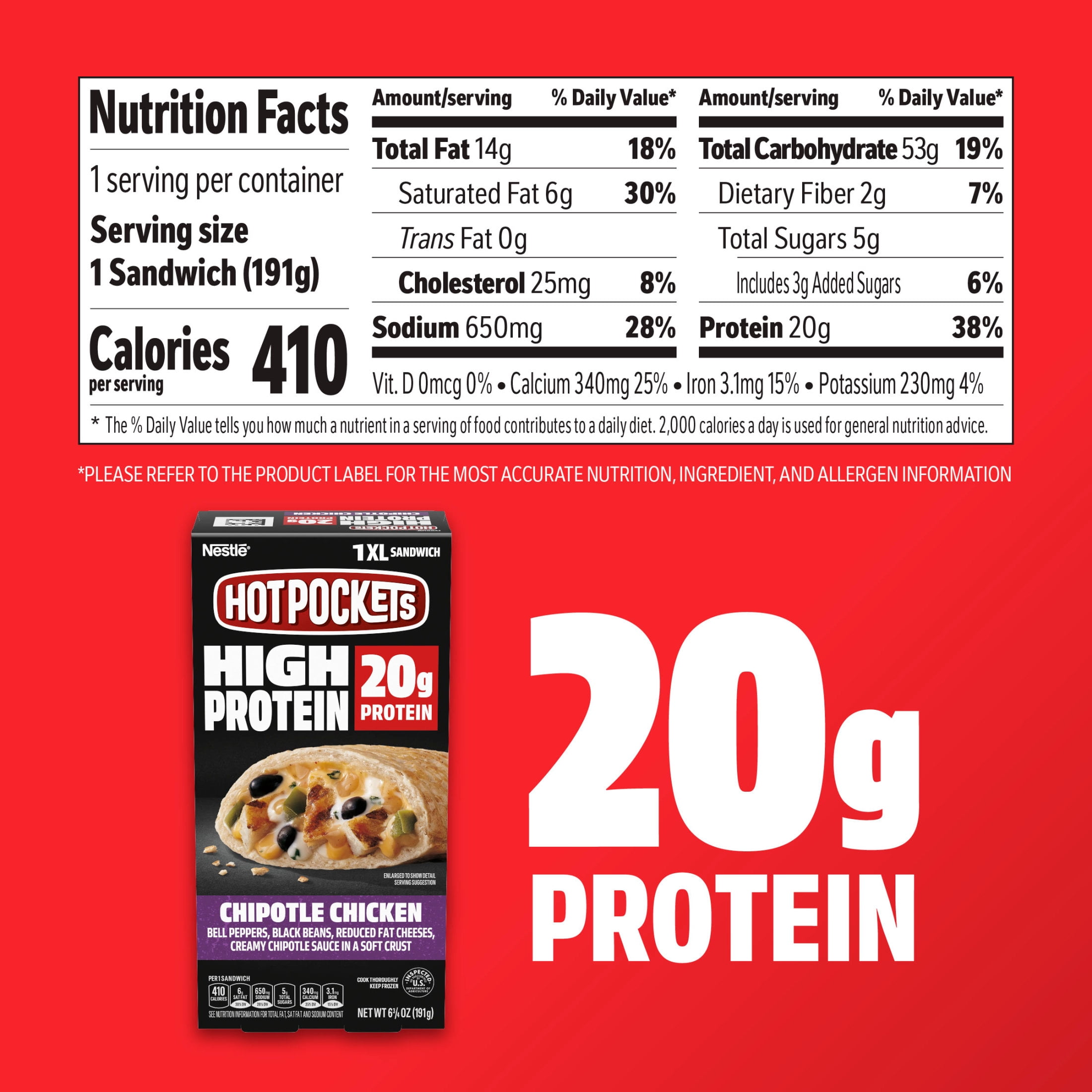 Hot Pockets High Protein Chipotle Chicken, Air Fryer Food, 1 XL Sandwich,  6.75 oz (Frozen)