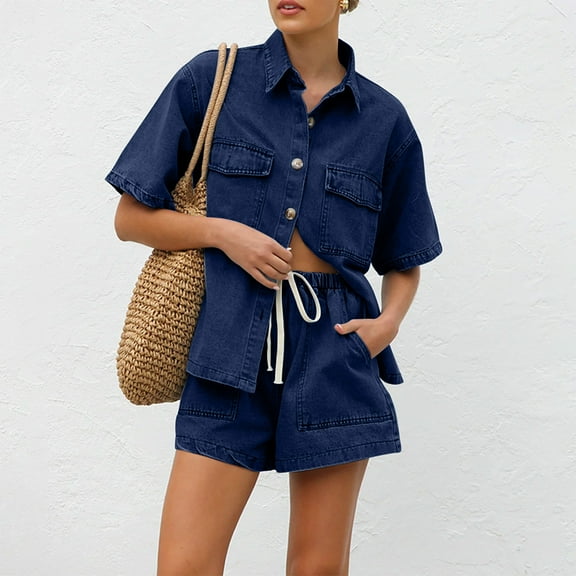 LADIGASU Women's Solid Color Retro Casual Loose Pocket Short Sleeved Shirt Shorts Denim Two-Piece Set