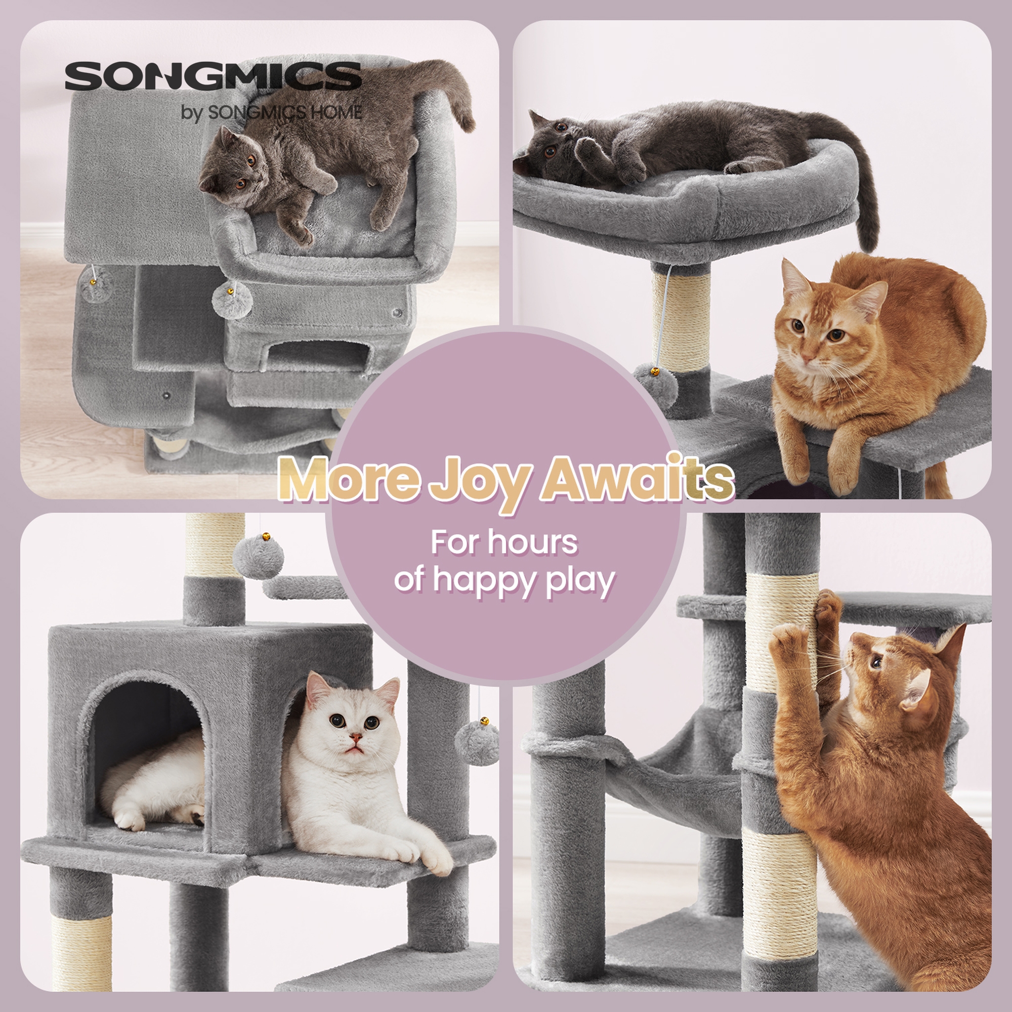 LEDREM 44.1-Inch Multi-Level Cat Tree with Hammock, 2 Perches & Cave, 4 Scratching Posts & Pompoms for Indoor Cats, Light Gray
