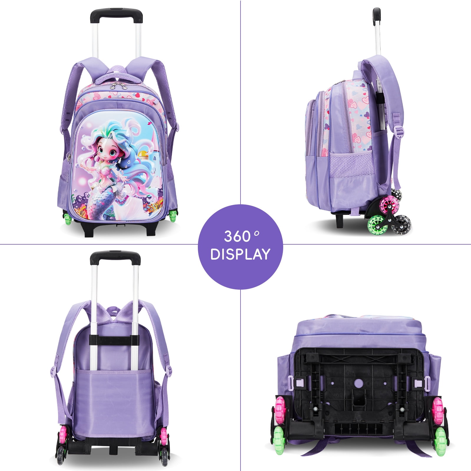 IvyH Rolling Backpack 3pcs Wheeled Backpack Lightweight Waterproof Bag Set with Lunch Bag Pen Case,Purple Mermaid
