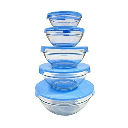 Heavy Glass Bowl EverTone Milex Home 5-Piece Heavy Duty Glass Bowl Set - Durable, Heat Resistant, Microwave/Dishwasher Safe Bowls With Seal Tops (Blue) ()