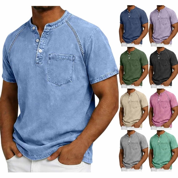 Miqool Washed Denim Shirt for Man Short Sleeve Collared Casual Lightweight Ruched Summer Jean Top with Chest Pockets