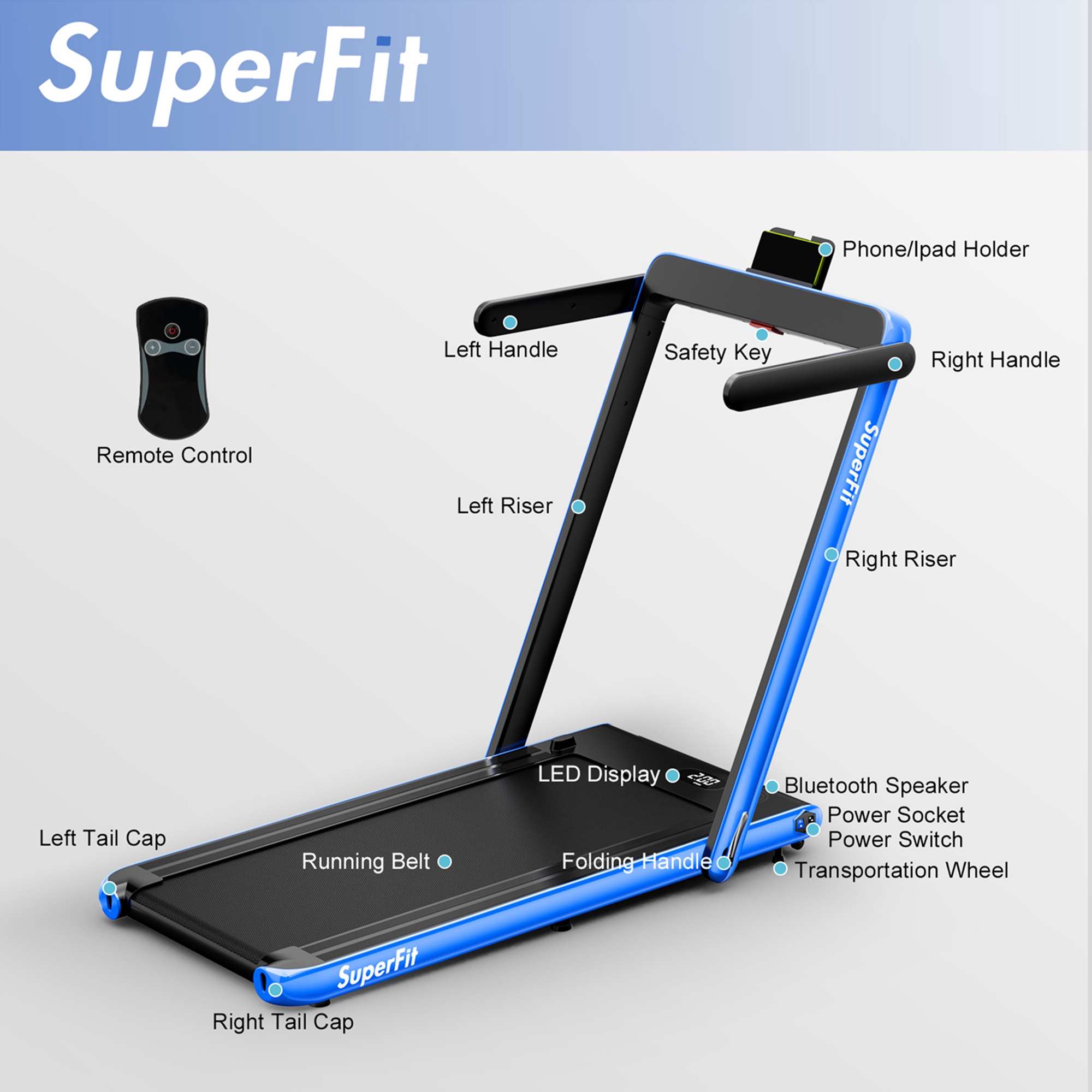 SuperFit Up To 7.5MPH 2.25HP 2 in 1 Single Display Screen Folding Treadmill W/ APP Control Speaker Remote Control Blue - image 9 of 10