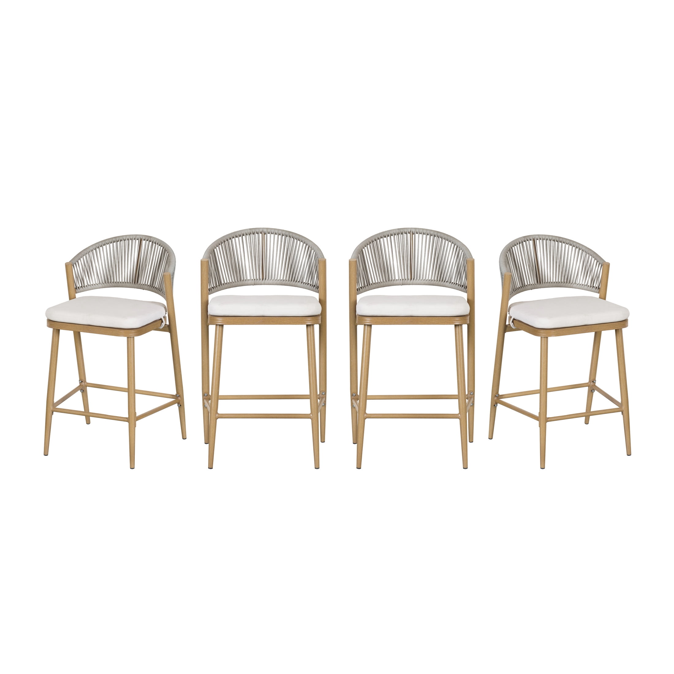 Amara Modern Outdoor Patio 26"H Counter Stools with Wicker Backrest, Aluminum Frame, Water-Resistant Cushion, Maple Finish, Set of 4