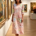 thumbnail image 6 of VBVC Women's and Women's Plus 3/4 Sleeve Midi Dress, Summer Casual Crew Neck Dress For Women, Ladies' Loose Fit Floral Dress with Pockets,Pink,S-5XL, 6 of 7