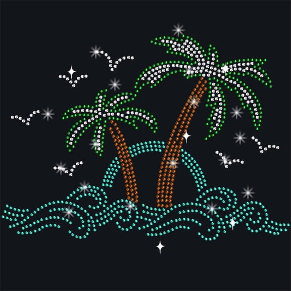 1 Sheet Palm Tree Waves Rhinestone Iron on Hotfix 8.26x11.69inch Bling Iron on Patch Beach Theme Heat Transfer Decal Clothing Repair Applique for Clothing Pants Bag DIY Accessories Colorful diy Tree