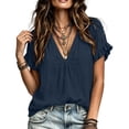 thumbnail image 4 of Women's Casual Linen V-Neck Short Sleeve Solid Color Blouse Top, 4 of 7