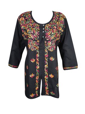 Mogul Womens Cotton Tunic Top Black Button Front Ethnic Floral Embroidered Summer Comfy Indian Kurta Blouse S