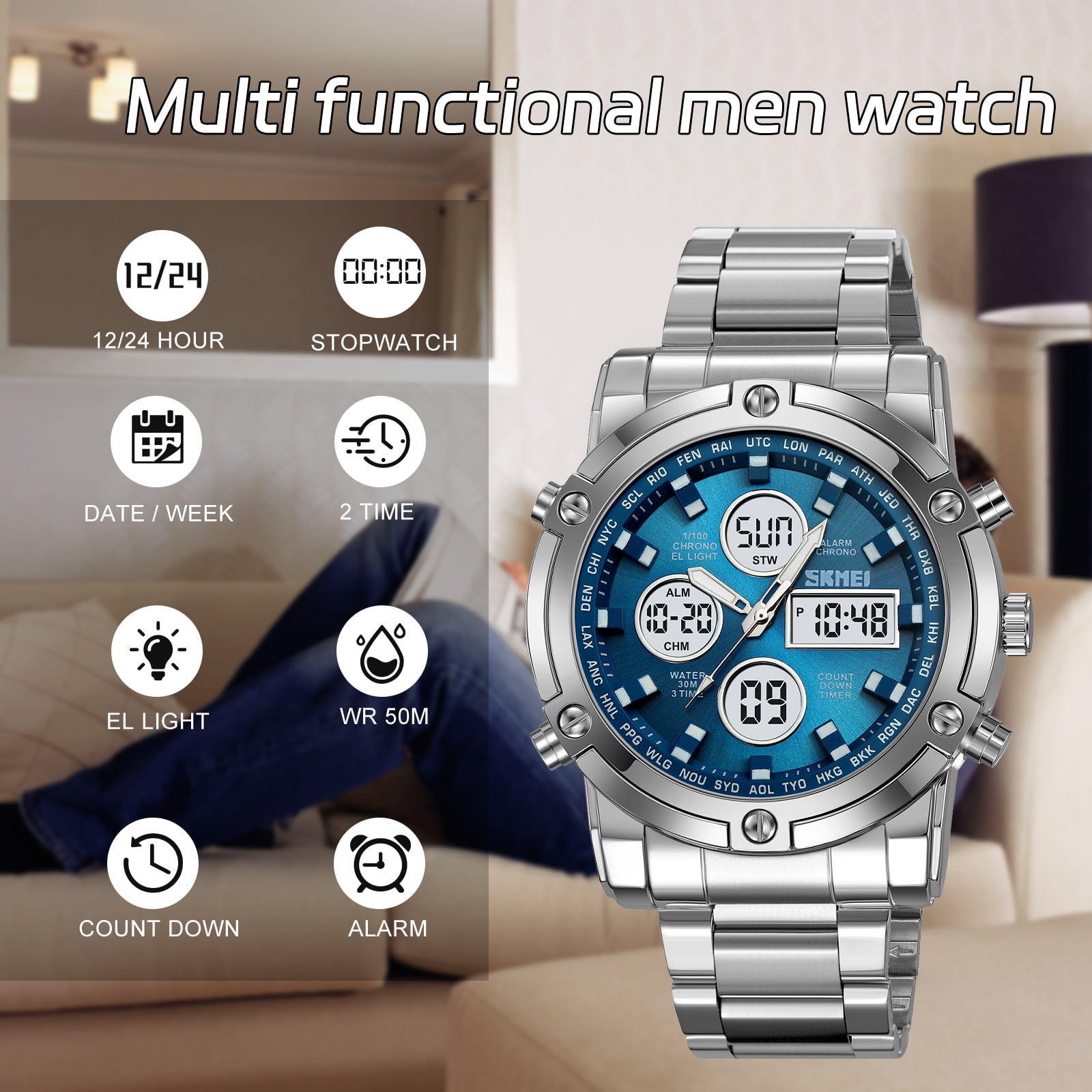 SKMEI Mens Wrist Watch, Waterproof Military Analog Digital Watches with LED Multi Time Chronograph, Stainless Steel Business Quartz Watches for Men
