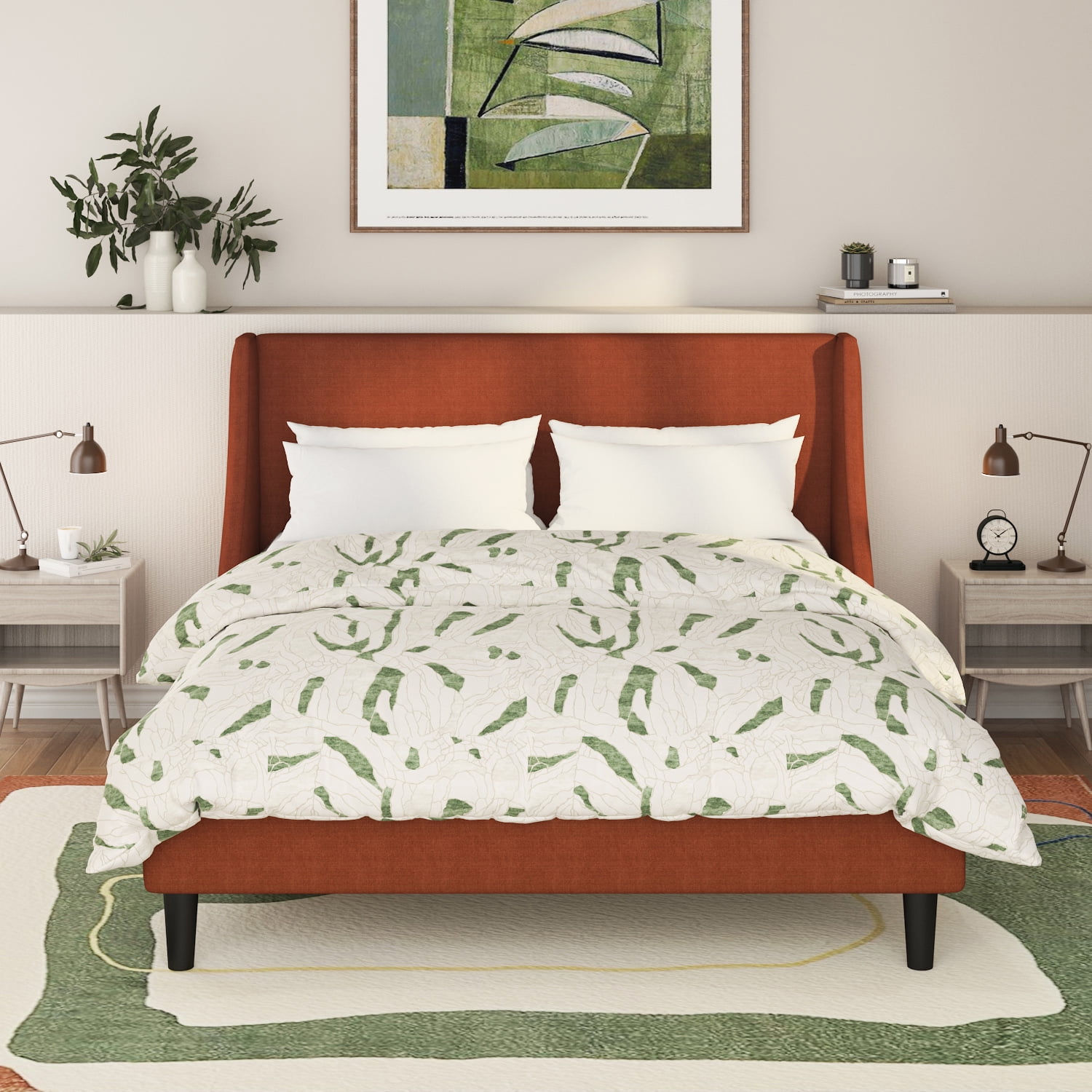 SHA CERLIN Queen Size Upholstered Platform Bed Frame with Wingback Headboard, Burnt Orange, Adults