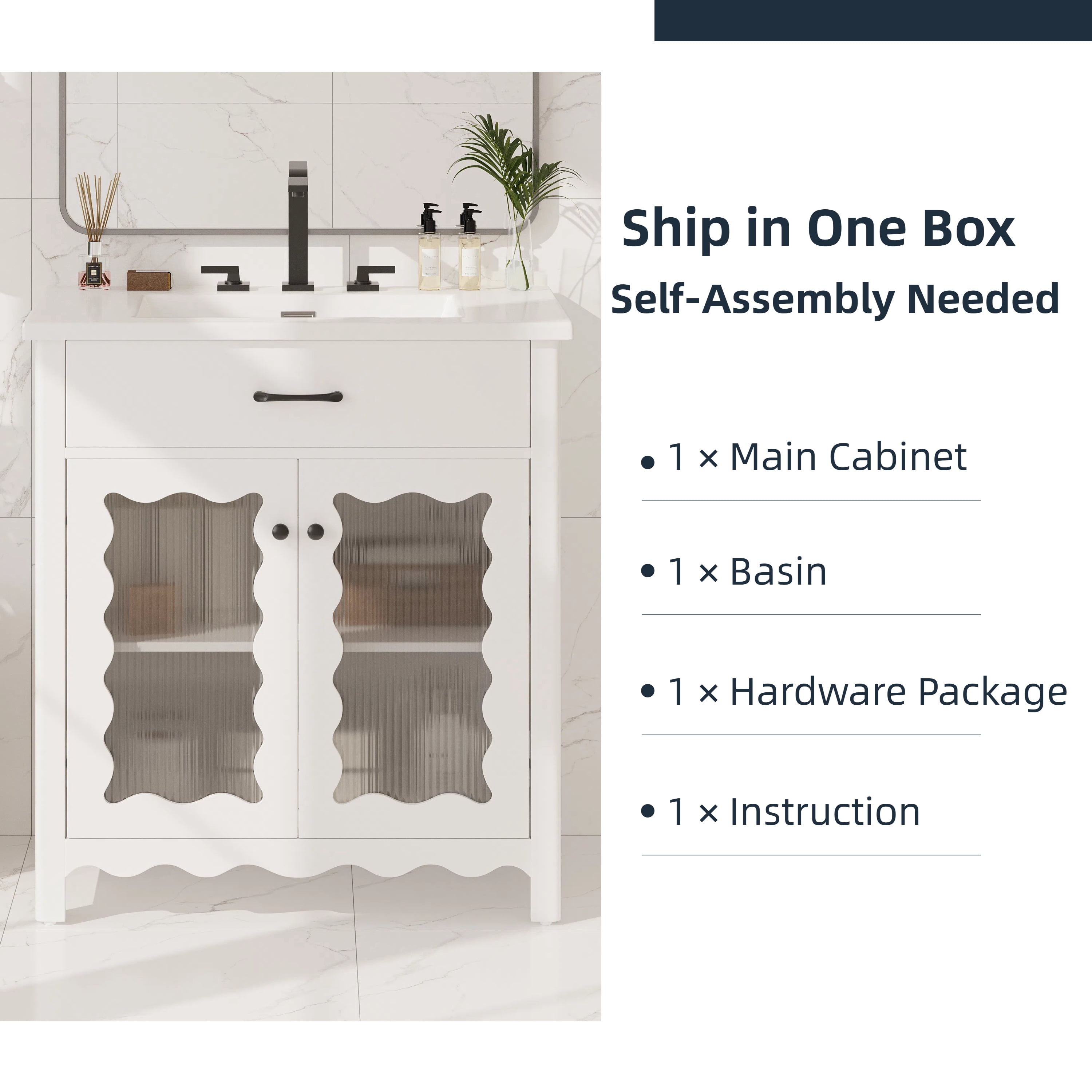 GARITIN Bathroom Vanity 31 Inch, Modern Bathroom Cabinet with Tempered Glass Doors and Rubber Wood Legs for Small Bathroom, White