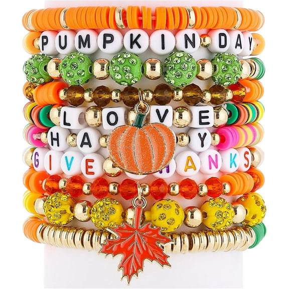 10 Pcs Thanksgiving Breast Cancer Bracelets Women Halloween Bracelets Valentine's Day Bracelets Stackable Rainbow Friendship Bracelet Gift