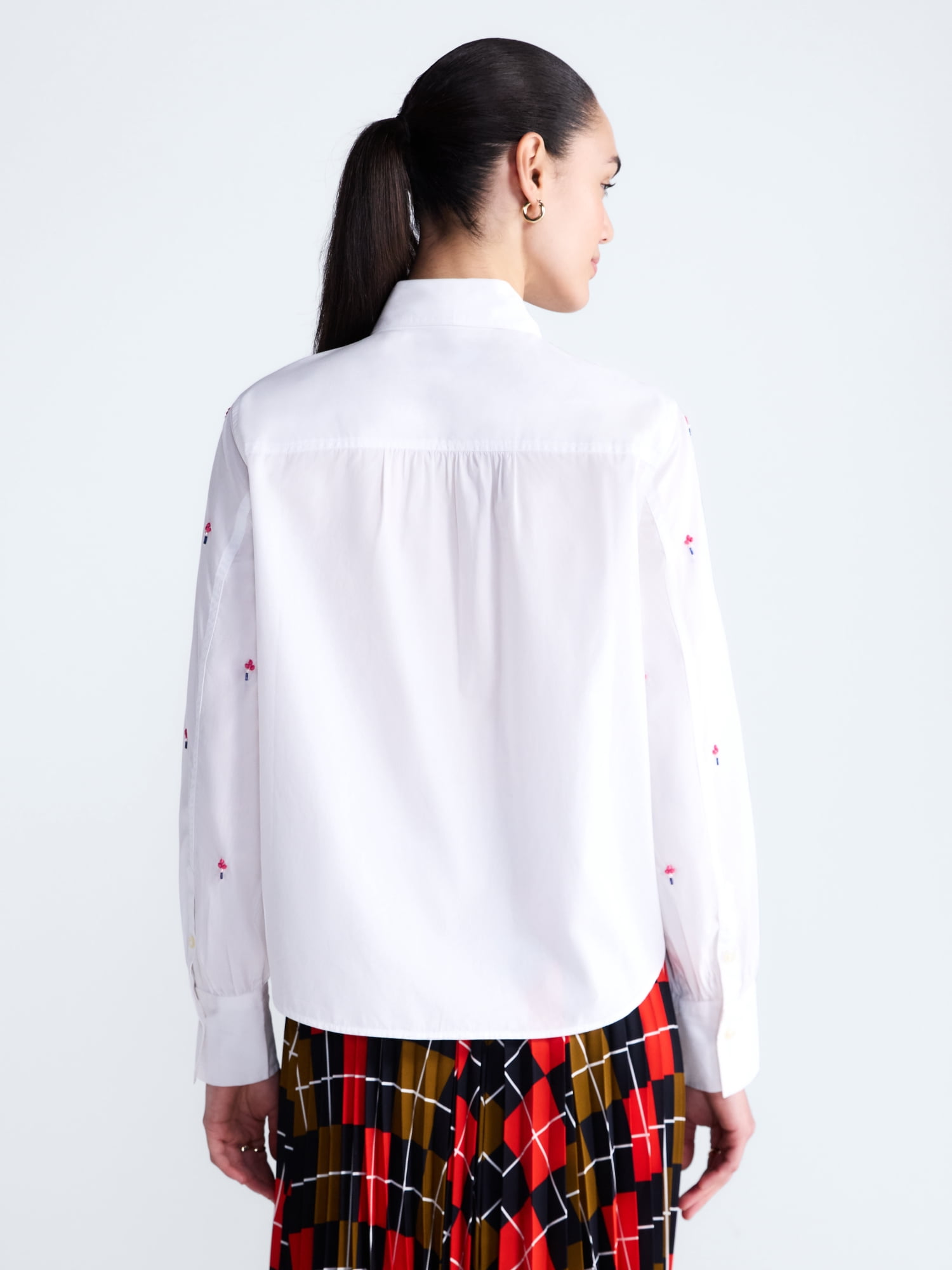 Free Assembly Women's and Women's Plus Beaded Tie Neck Cotton Shirt with Long Sleeves, Sizes XS-4X