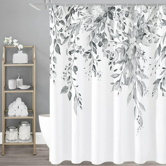 Grey Eucalyptus Shower Curtain, Watercolor Plant Leaves with Floral Bathroom Shower Curtain Set with Hooks, Gray White, 72x72
