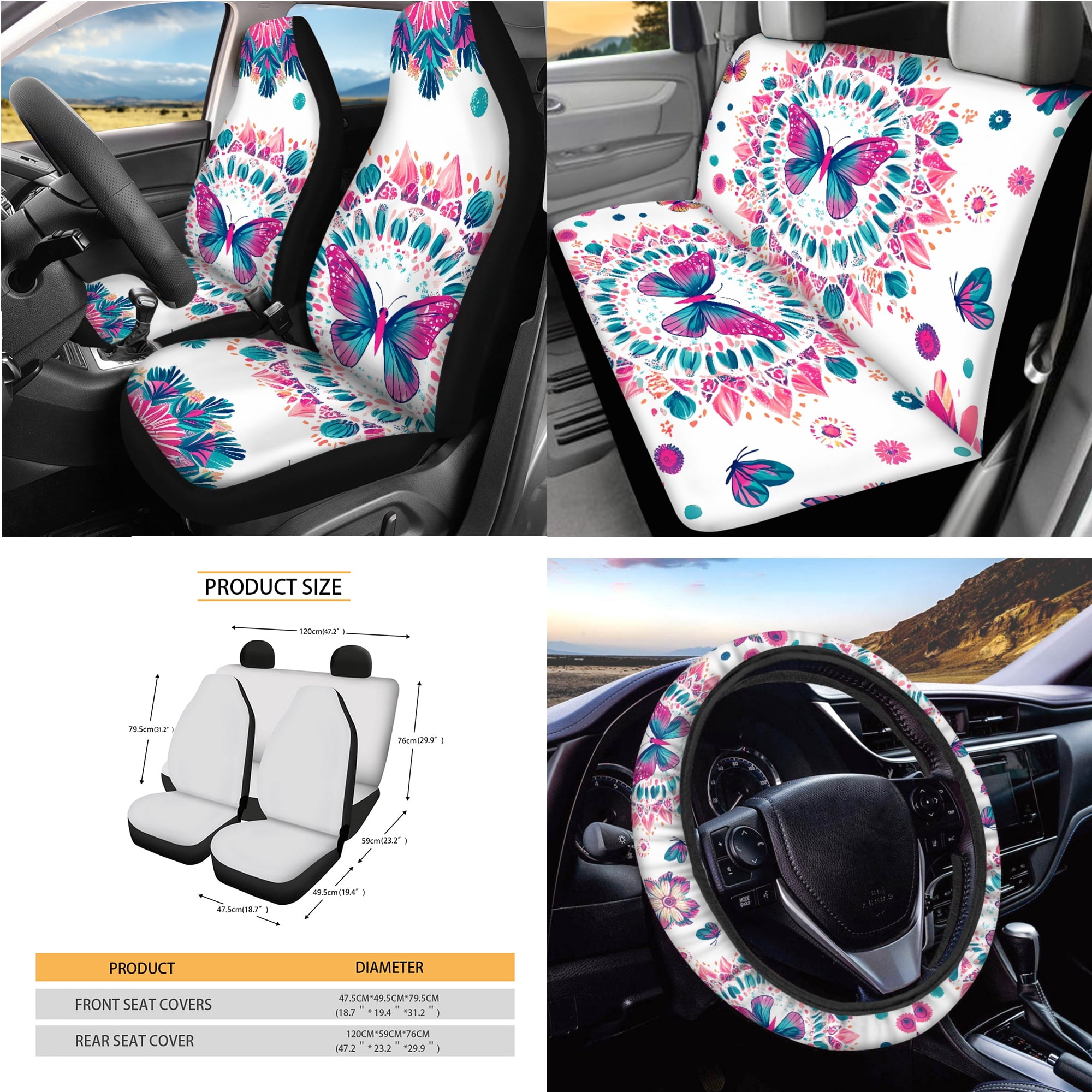Yuyamidu Butterfly Car Seat Cover Full Set of 15 Flower Steering Wheel Cover Seat Belt Strap Cover Trash Can Rear View Mirror Cover Auto Coaster Wristlet Keychain Air Vent Storage Bag Car Decor