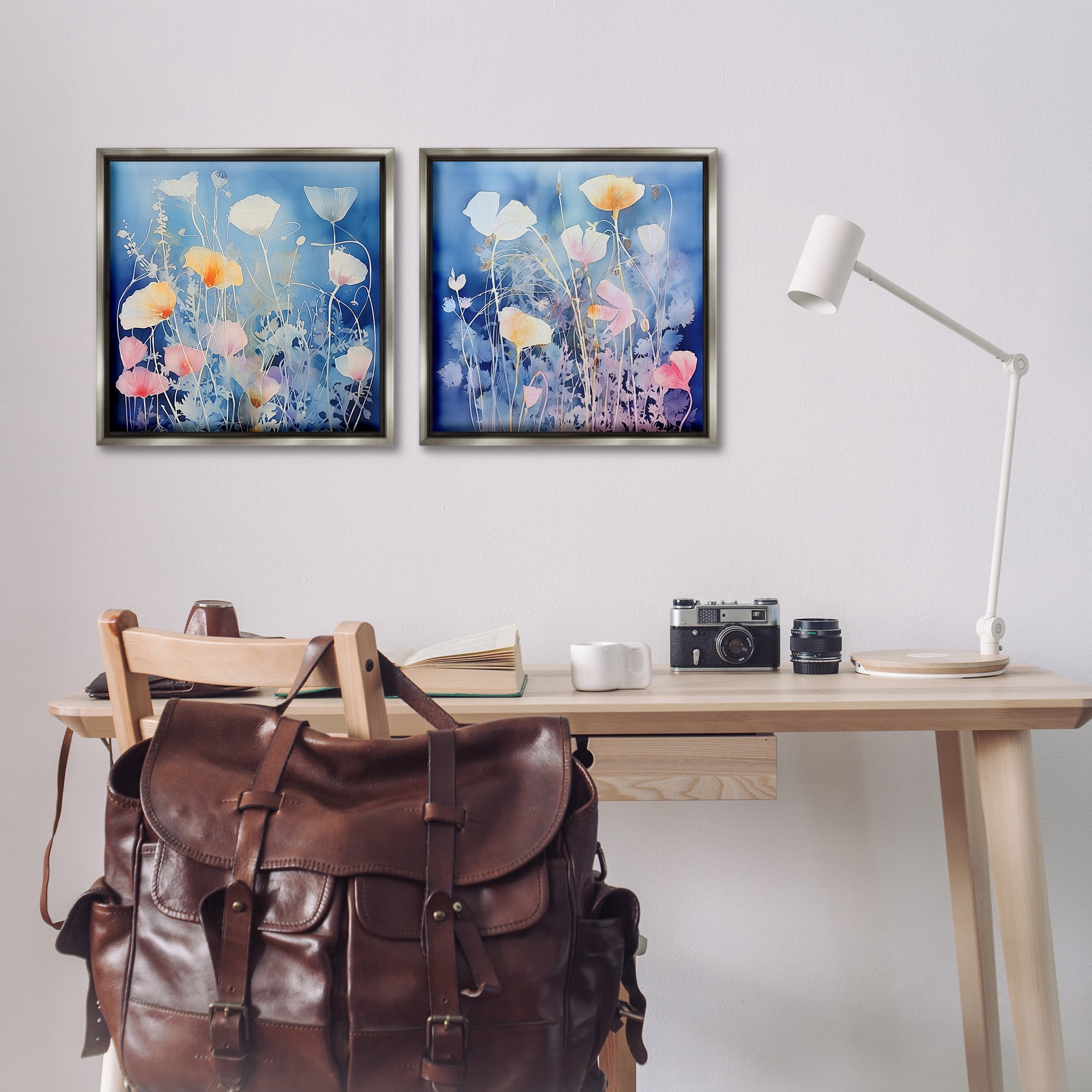 Stupell Industries Abstract Poppies on Blue Botanical & Floral Painting Gray Floater Framed Canvas Art Print Wall Art, 18 x 18, Set of 2