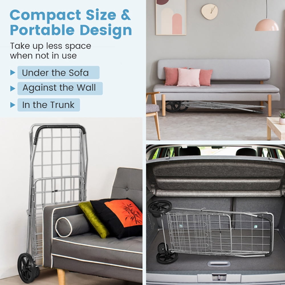 Barara King Outdoor Utility Carts,Folding Shopping Cart for Laundry with Swiveling Wheels and Dual Storage Baskets-Sliver