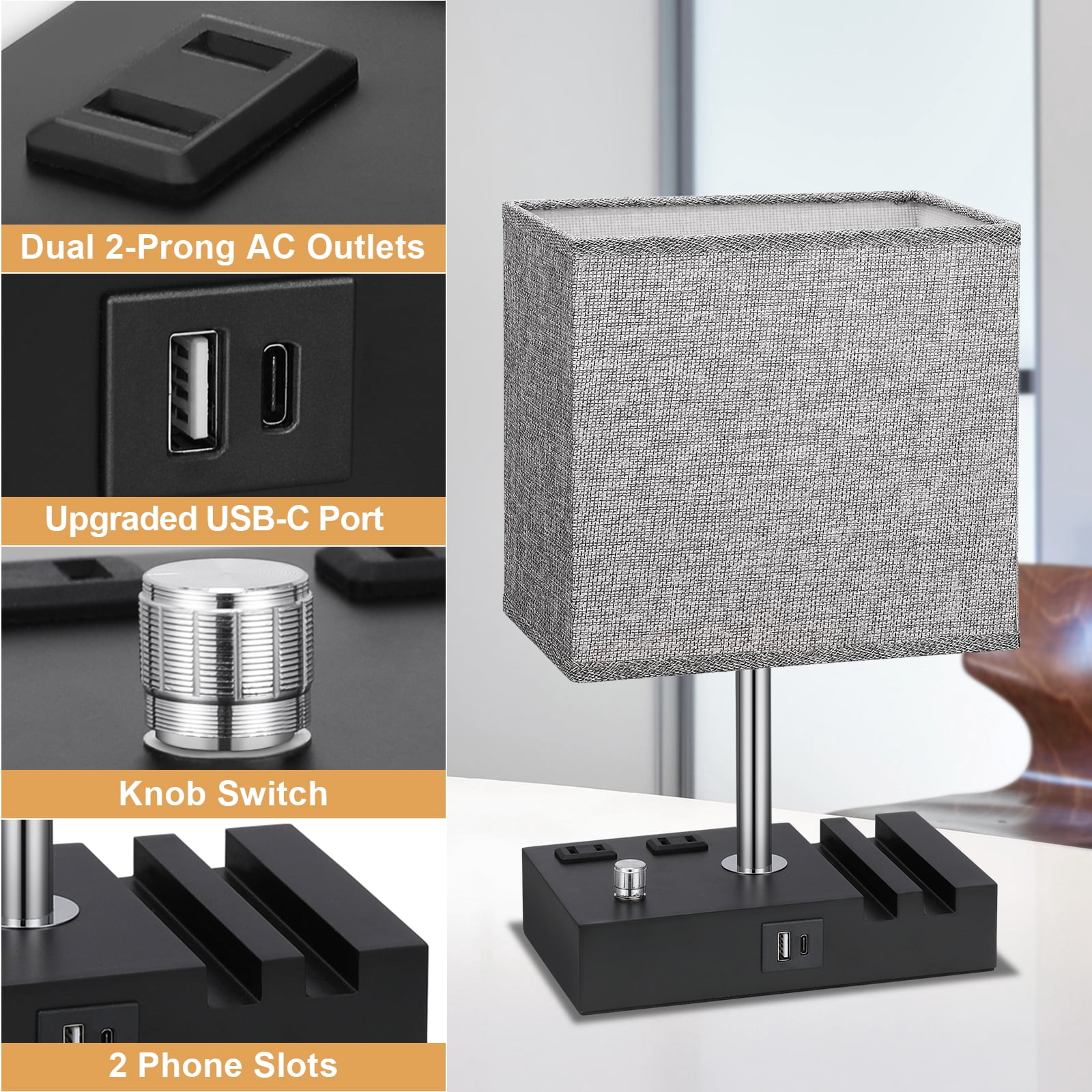 NiteLoom 16.3" Bedside Table Lamp with USB A+C Ports & 2 AC Outlets, Dimmable Nightstand Light for Bedroom, Living Room, Dorm, Office