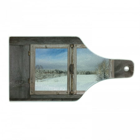 

Rustic Cutting Board Winter Season Scene from a Wooden Window of Country House Snow Vintage Design Tempered Glass Cutting and Serving Board Wine Bottle Shape Umber White Blue by Ambesonne