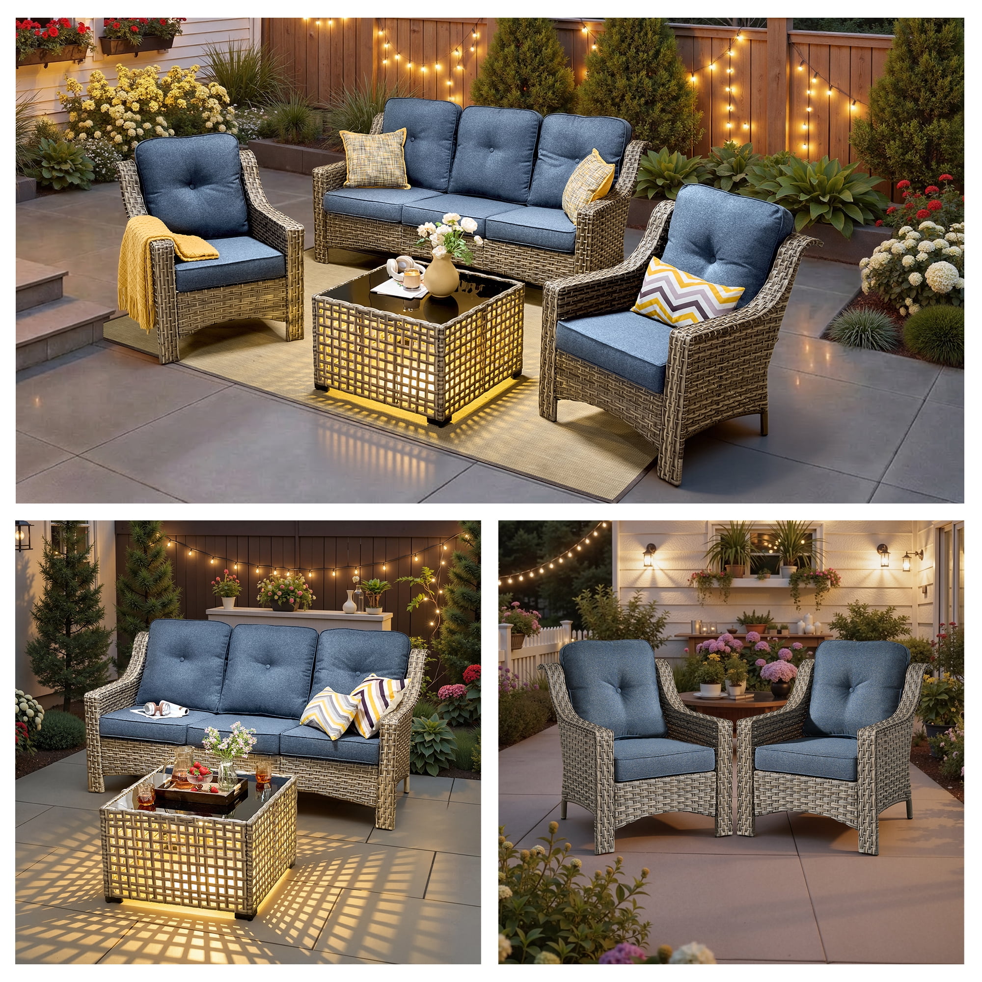 Ovios 4 Pieces Outdoor Furniture Set High Back All-Weather Wicker Patio Conversation Set with Solar Light Coffee Table, Denim Blue
