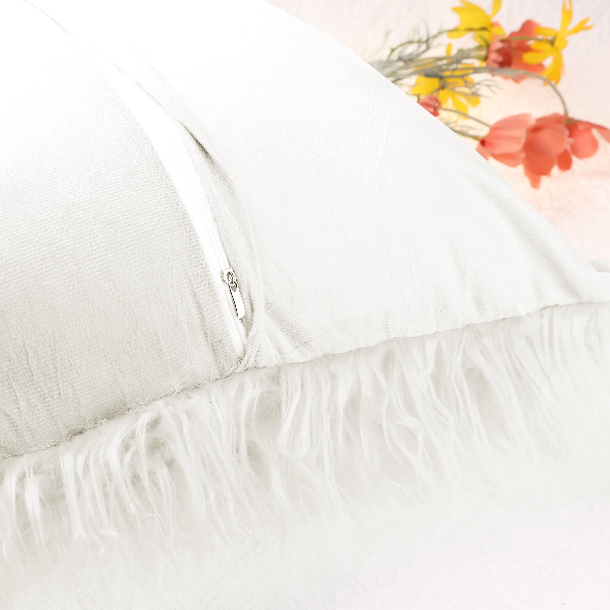 Unique Bargains Faux Fluffy Zipper Closure Cushion Covers Throw Pillow Covers (2 Count) White 18" x 18"