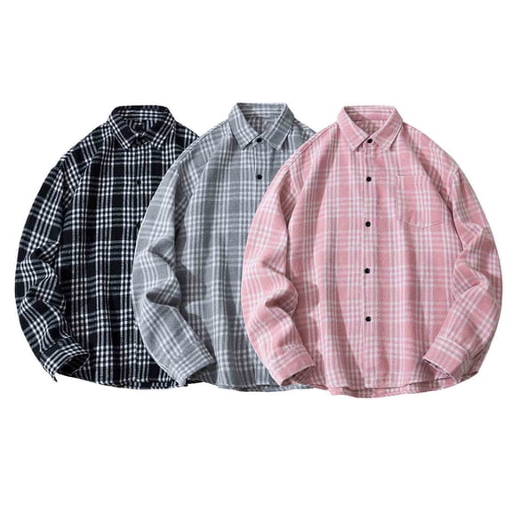 YFNNUP Mens Tshirt Casual Plaid Button Downs Shirt Spring Fall Long Sleeve Tshirts Loose Fit Lapel Work Tee Shirt Pink M