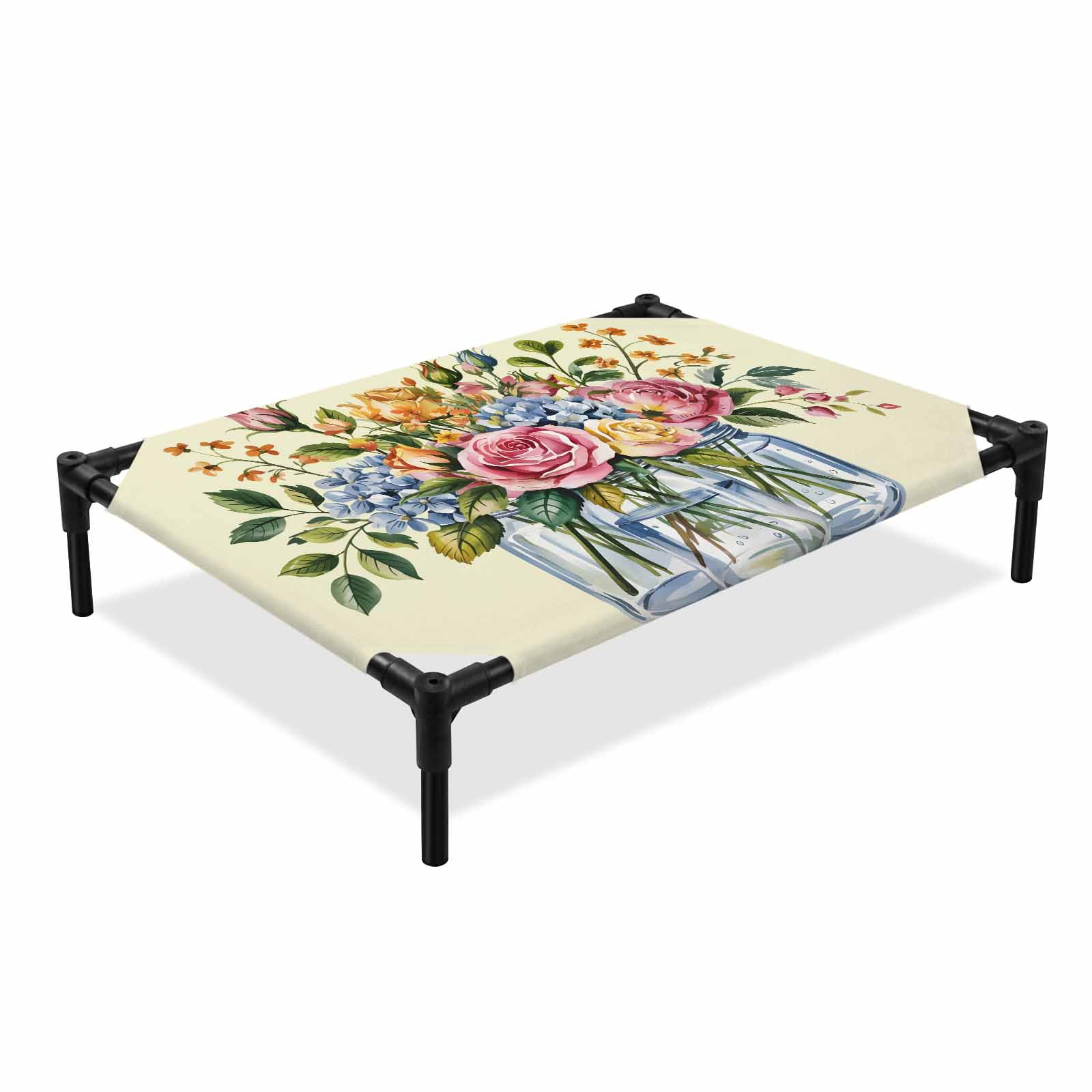 Pink Blue Flowers Elevated Dog Bed Green Leaves Glass Bottle Yellow Cooling Breathable Outdoor Raised Dog Cot Bed with Metal Frame Non-Slip Feet for Large Dog 28x22in