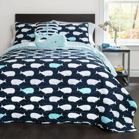 4pc Twin Whale Reversible Quilt Set with Whale Throw Pillow Navy - Lush Décor