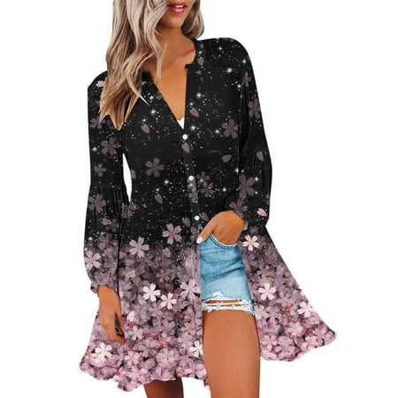 

Bospose Women O-Neck Shirt Long Sleeve Crop Top Corset Top Pink Top Fashion Woman T-Shirt Autumn Open Front Loose Outerwear Print Blouse Coat Tops Lady Solid Color Cardigan Button Casual Beach Shirt T
