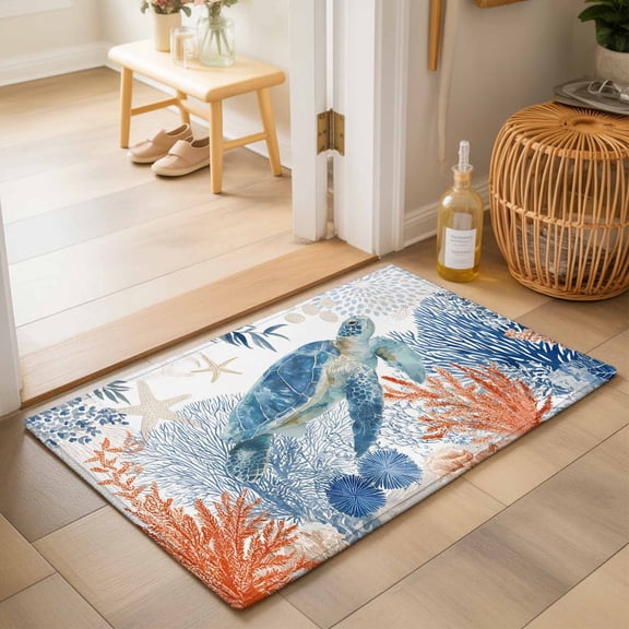 Entryway Rug 2'x3', Sea Turtle Coastal Kitchen Runner Rugs Non-Slip Carpet Mats, Blue Red Summer Beach Coral Nautical Bedside Rugs Runners Washable Floor Carpet for Bathroom Laundry Room