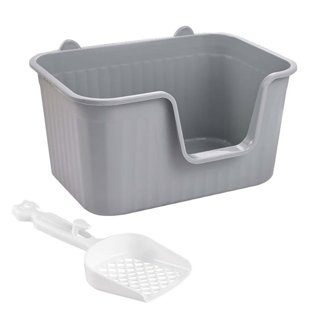 Lavabo para arena de gatos con pala, bandeja de arena para mascotas con parte abierta, inodoro para orinal para gatitos, bandeja de arena , gris XL