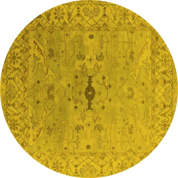 Ahgly Company Machine Washable Indoor Round Oriental Yellow Industrial Area Rugs, 5' Round