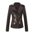 thumbnail image 1 of WRKEKC Designer Embroidered Leather Coat for Women, Notch Collar Long Sleeve Jacket with Double Zip Pockets and Metal Hardware, Fashion Biker Style Coffee M, 1 of 5