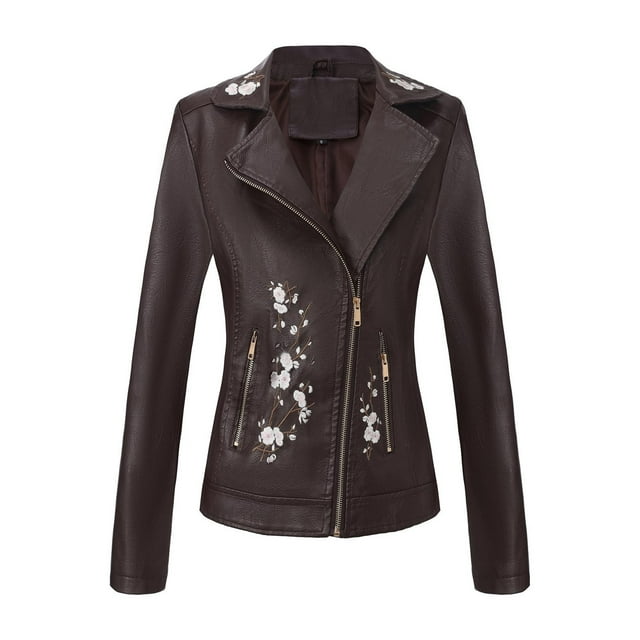 WRKEKC Designer Embroidered Leather Coat for Women, Notch Collar Long Sleeve Jacket with Double Zip Pockets and Metal Hardware, Fashion Biker Style Coffee M