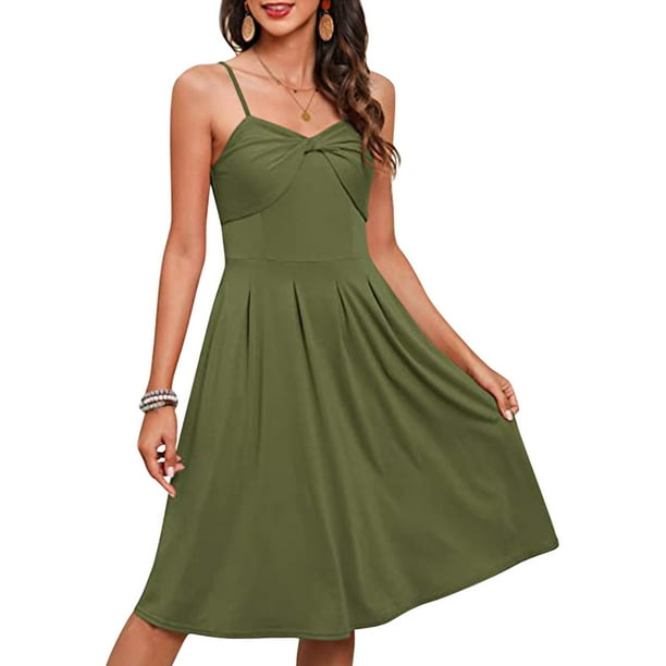 Homely Beach Dresses For Womens Casual Summer Dress With Pockets V Neck Swing Spaghetti Strap Sundress For Beach Wedding Guest Dresses