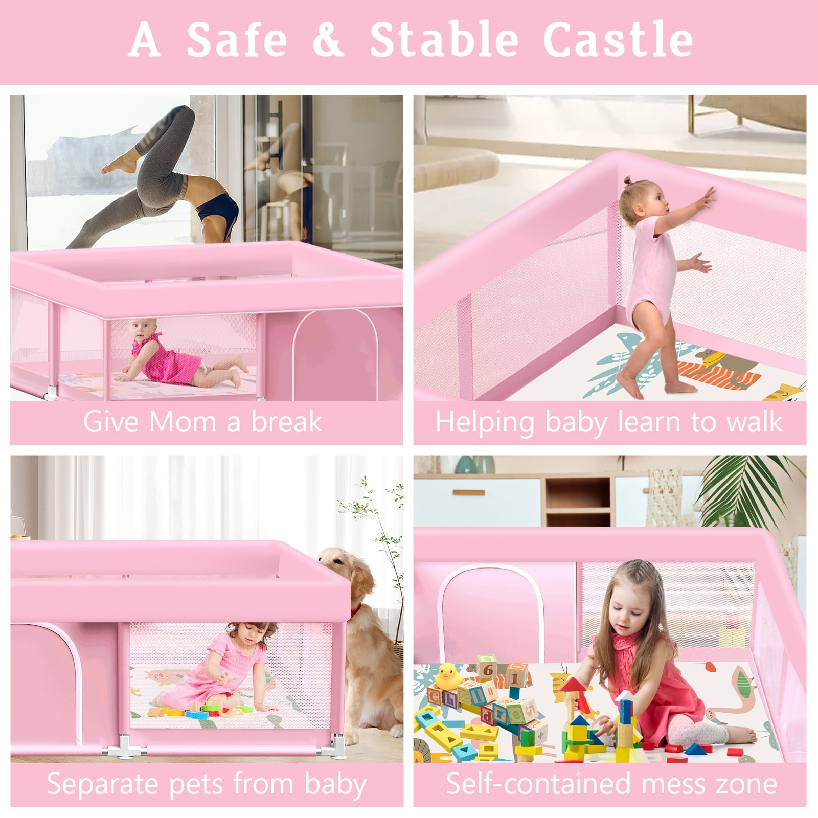 Baby Playpen with Mat 50x50 Inch Large Girls Pink Playpen for Babies and Toddlers 1-3 Baby Play Pen